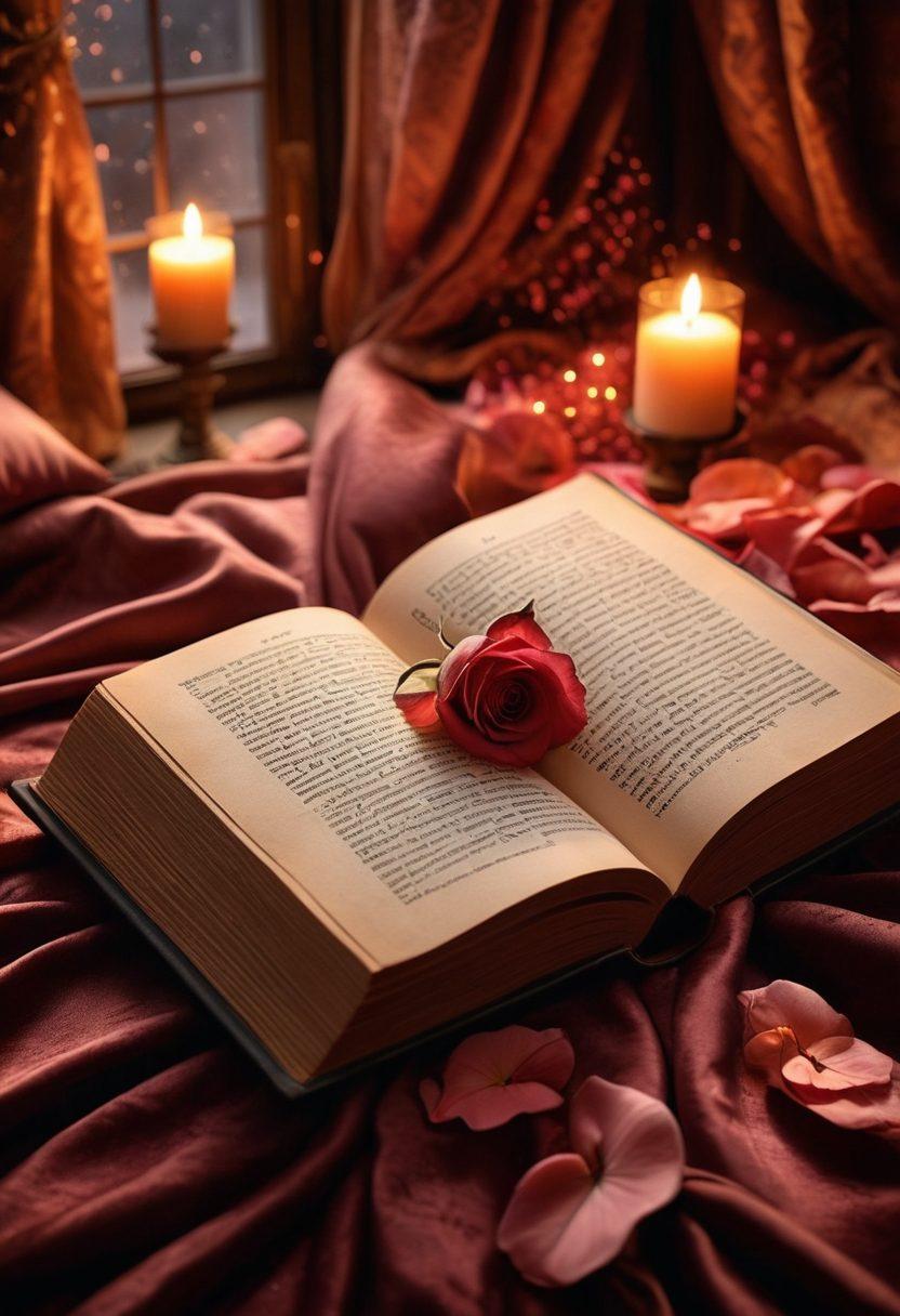 A sensuous, inviting scene featuring an open book with glowing pages revealing silhouettes of passionate couples entwined in various romantic poses, surrounded by soft candlelight and delicate rose petals. Subtle hints of fantasy elements like sparkling stardust and wisps of mist softly envelop the scene, creating an air of mystery and intrigue. The background should be a dimly lit, intimate space with velvet drapes and plush cushions inviting exploration of desire. super-realistic. warm colors. soft focus.