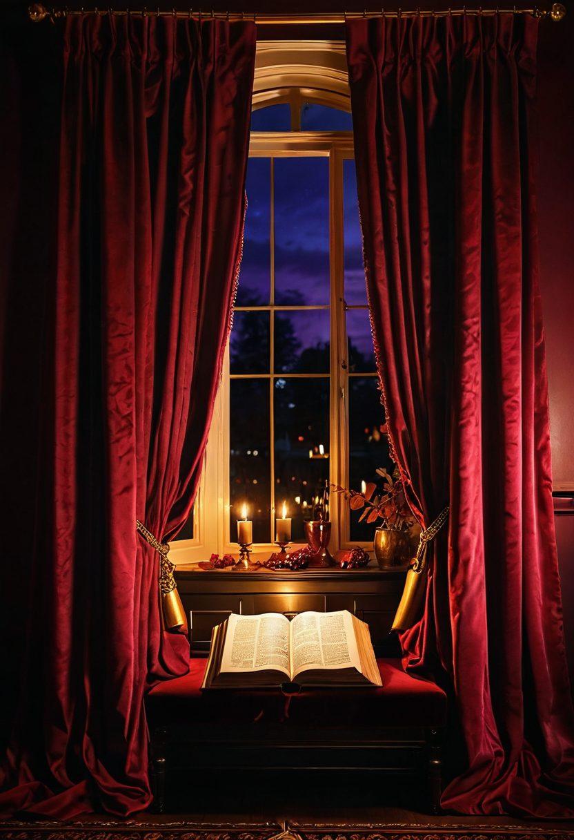 A tantalizing scene depicting an open vintage book with pages filled with suggestive imagery, surrounded by dim candlelight casting warm shadows. In the background, blurred suggestive silhouettes of lovers entwined, evoking a sense of mystery and desire. Lush velvet curtains draping at the sides, enhancing the seduction of the atmosphere. The color palette should consist of deep reds, purples, and golds to reflect passion. super-realistic. warm tones.