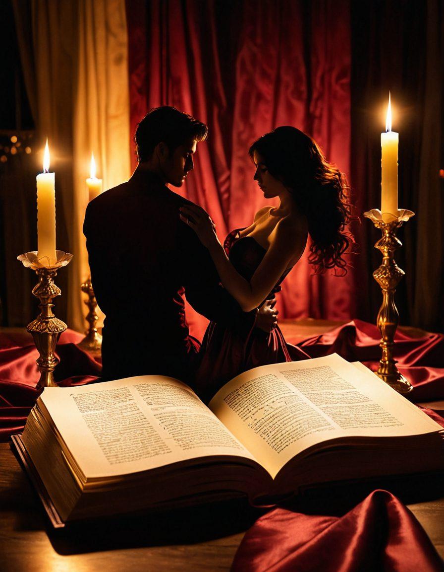 A sultry, captivating scene featuring an open book with pages gently flowing like satin sheets, surrounded by soft candlelight that casts a warm glow. Sensual symbols like hearts and swirling smoke emerge from the pages, intertwined with silhouettes of lovers in an embrace. The background has rich, deep colors like burgundy and gold, creating an intimate, dreamy ambiance. super-realistic. warm tones. intimate atmosphere.